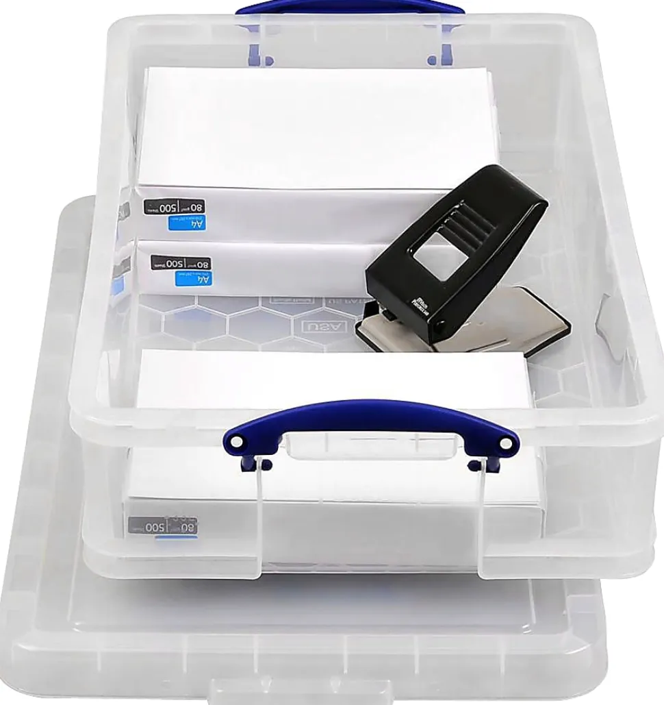 Really Useful Box® Plastic Storage Container With Built-In Handles And Snap Lid, 33 Liters, 28" x 17 3/8" x 6 5/8", Clear