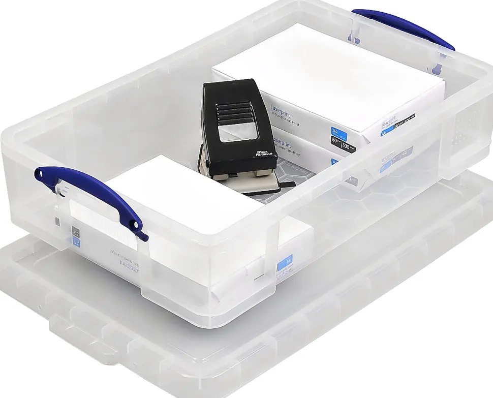 Really Useful Box® Plastic Storage Container With Built-In Handles And Snap Lid, 33 Liters, 28" x 17 3/8" x 6 5/8", Clear