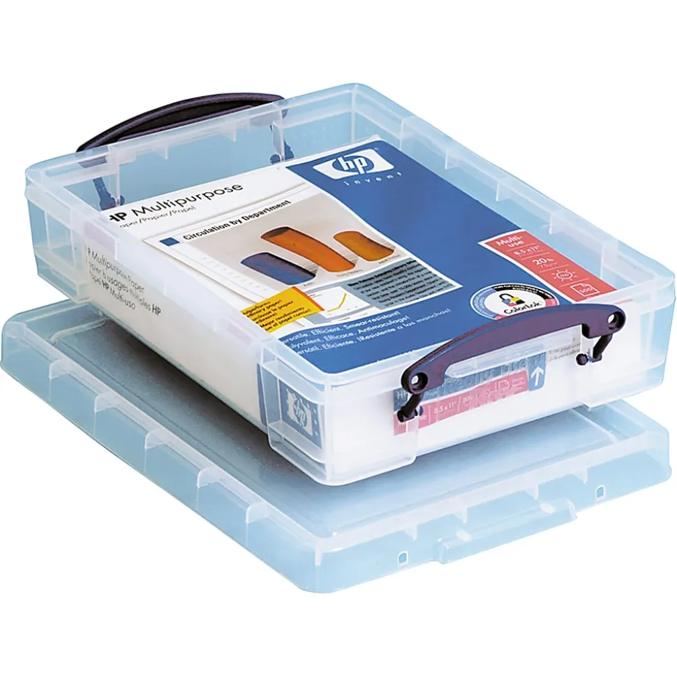 Really Useful Box® Plastic Storage Container With Built-In Handles And Snap Lid, 0.55 Liter, 8 1/2" x 4" x 1 3/4", Clear