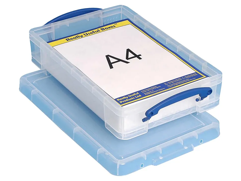 Really Useful Box® Plastic Storage Container With Built-In Handles And Snap Lid, 0.55 Liter, 8 1/2" x 4" x 1 3/4", Clear