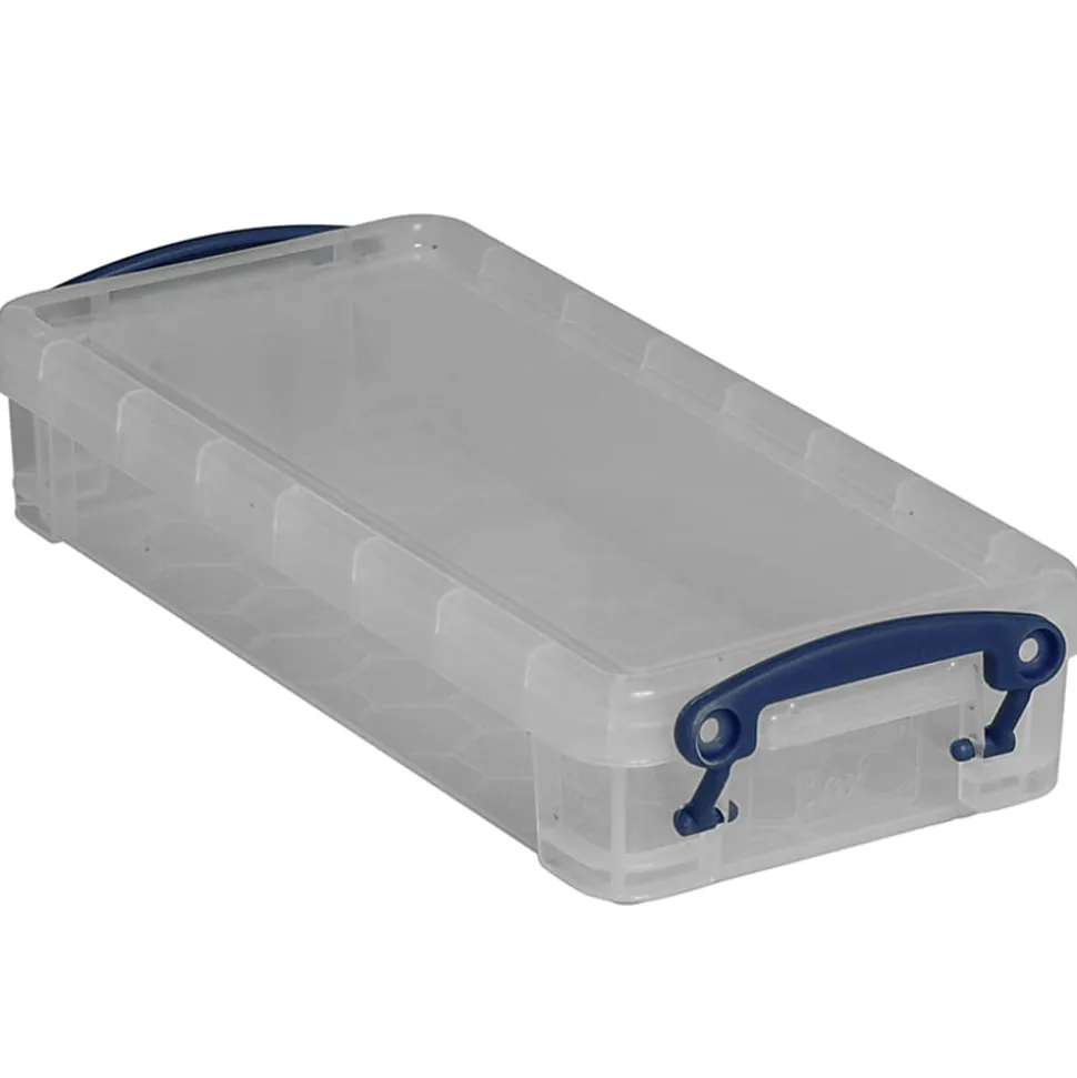 Really Useful Box® Plastic Storage Container With Built-In Handles And Snap Lid, 0.55 Liter, 8 1/2" x 4" x 1 3/4", Clear