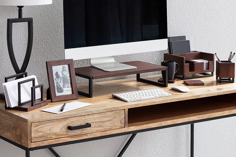 Realspace® Acadia Wood/Metal Desktop Organizer With Coasters, 8-3/4" x 7", Walnut/Black