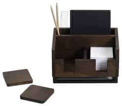 Realspace® Acadia Wood/Metal Desktop Organizer With Coasters, 8-3/4" x 7", Walnut/Black