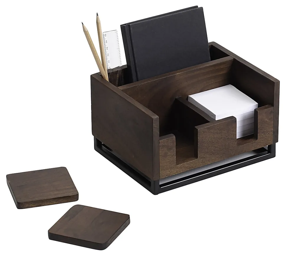 Realspace® Acadia Wood/Metal Desktop Organizer With Coasters, 8-3/4" x 7", Walnut/Black