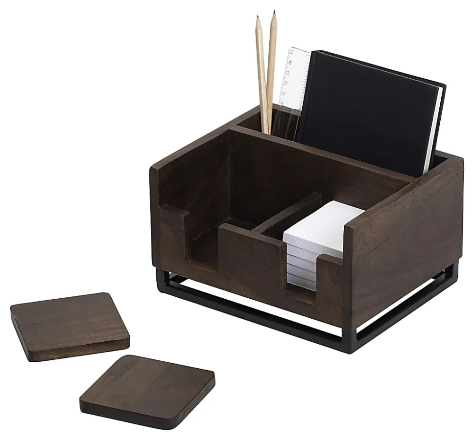 Realspace® Acadia Wood/Metal Desktop Organizer With Coasters, 8-3/4" x 7", Walnut/Black