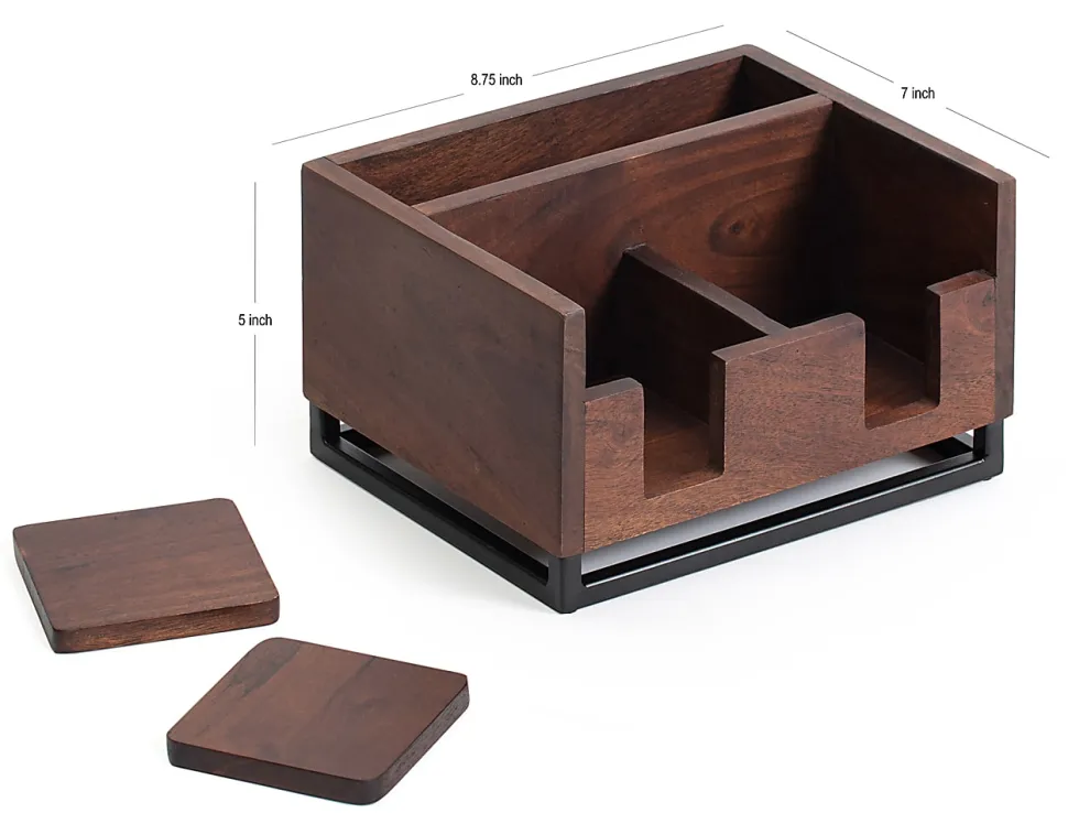 Realspace® Acadia Wood/Metal Desktop Organizer With Coasters, 8-3/4" x 7", Walnut/Black