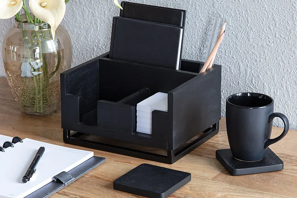 Realspace® Acadia Wood/Metal Desktop Organizer With Coasters, 8-3/4" x 7", Black