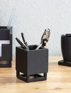 Realspace® Acadia Wood/Metal Pen Cup, 4-1/4"H x 3-1/4"W x 3-1/4"D, Black