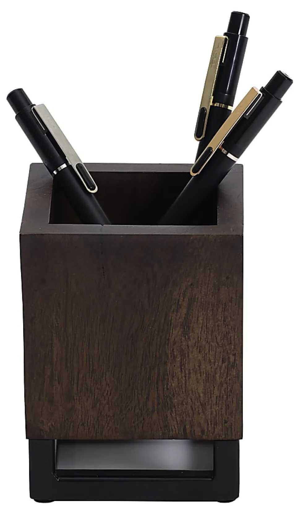 Realspace® Acadia Wood/Metal Pen Cup, 4-1/4"H x 3-1/4"W x 3-1/4"D, Walnut/Black