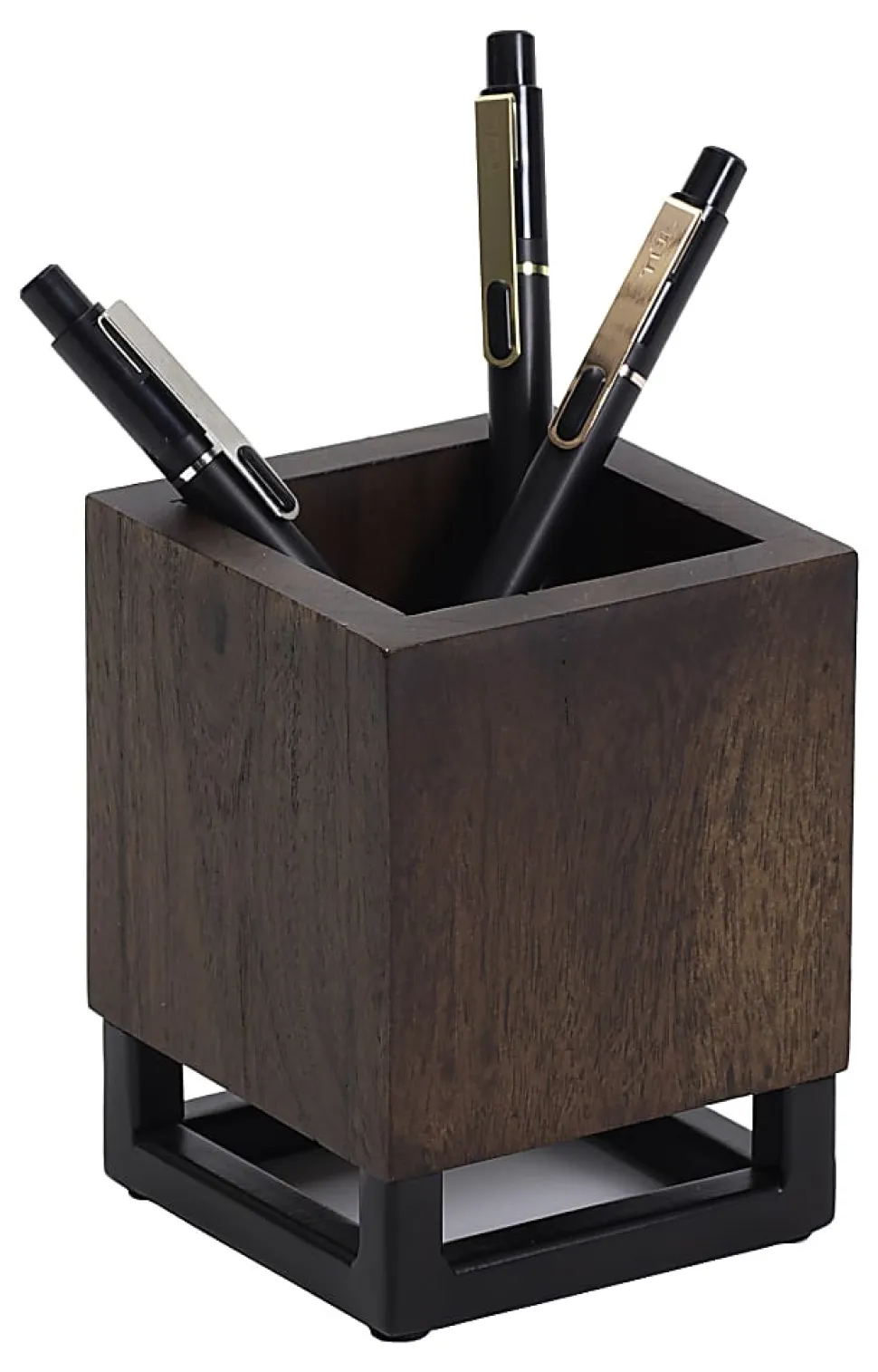 Realspace® Acadia Wood/Metal Pen Cup, 4-1/4"H x 3-1/4"W x 3-1/4"D, Walnut/Black
