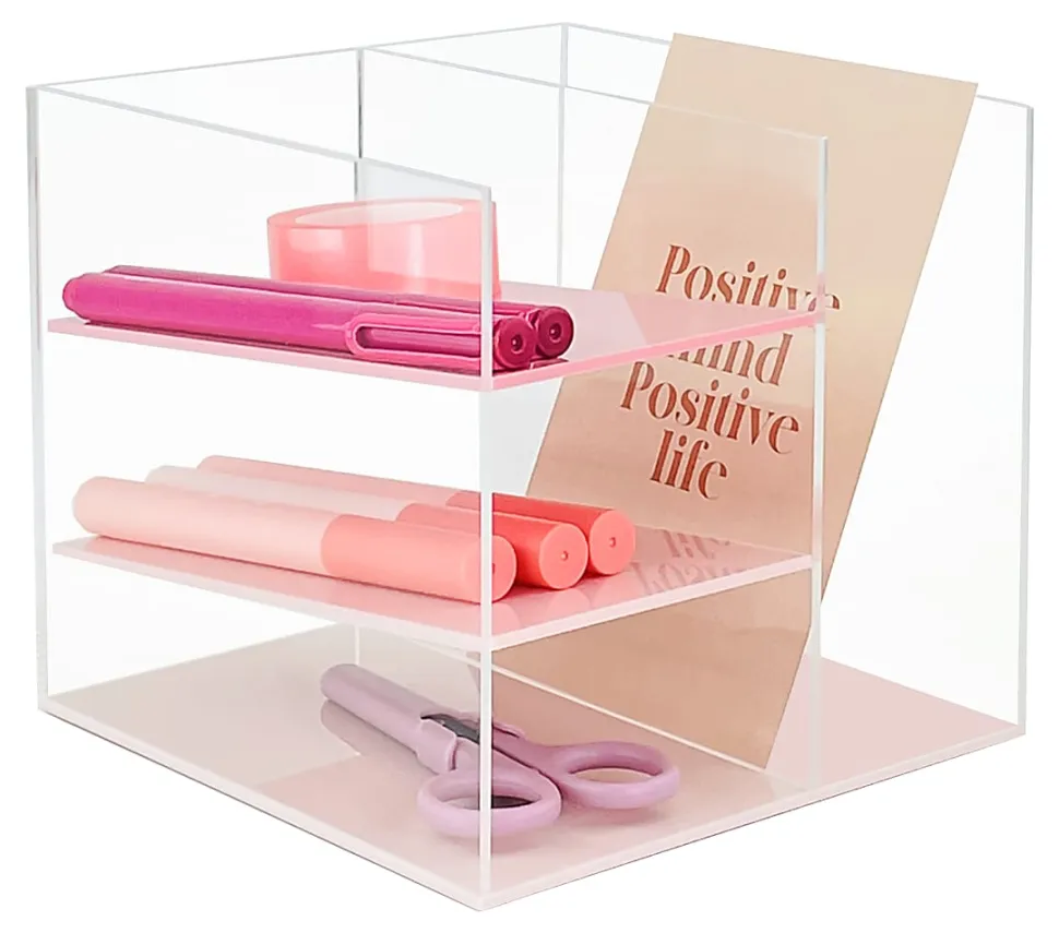 Realspace® Acrylic Slot Desk Organizer, 6"H x 6"W x 5-7/16"D, Clear/Pink