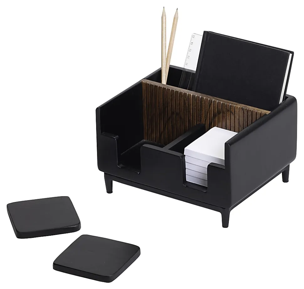Realspace® Becker Wood/Metal Desktop Organizer With Coasters, 8-3/4" x 7", Natural/Black