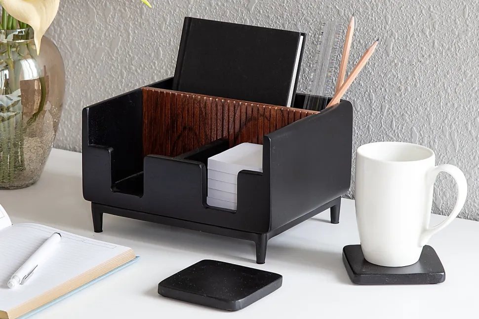 Realspace® Becker Wood/Metal Desktop Organizer With Coasters, 8-3/4" x 7", Natural/Black