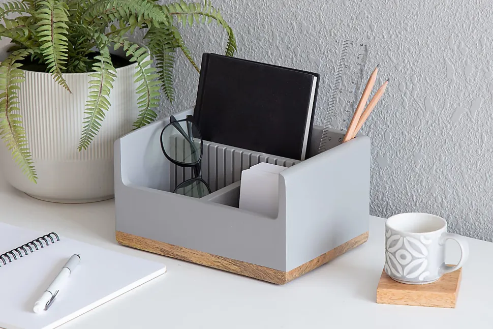 Realspace® 3-Compartment Wood Desktop Organizer, 4-1/2”H x 8-1/2”W x 6”D, Gray/Natural