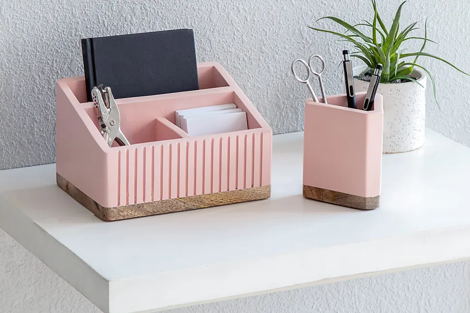 Realspace® 3-Compartment Wood Desktop Organizer, 5”H x 8-1/2”W x 6”D, Pink/Natural