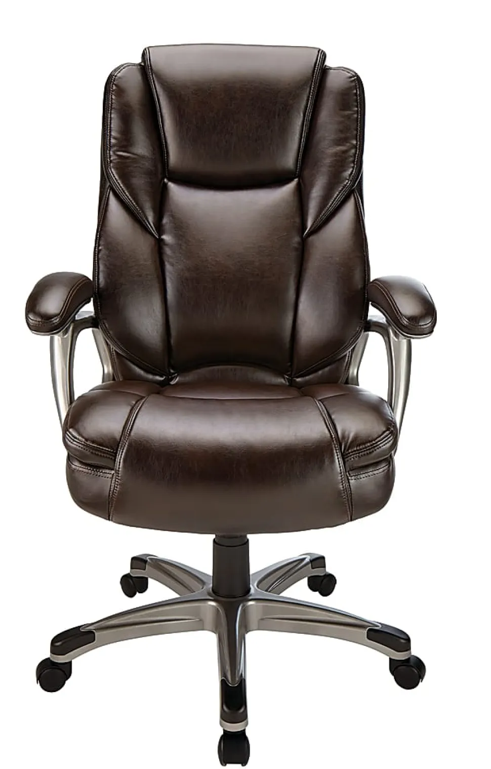 Realspace® Cressfield Bonded Leather High-Back Executive Office Chair, Brown/Silver, BIFMA Compliant