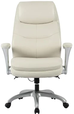Realspace® Everton Ergonomic Vegan Leather High-Back Executive Chair with Flip-Up Armrests, Beige/Silver, BIFMA Compliant