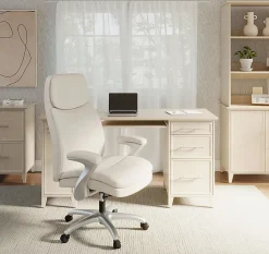 Realspace® Everton Ergonomic Vegan Leather High-Back Executive Chair with Flip-Up Armrests, Beige/Silver, BIFMA Compliant