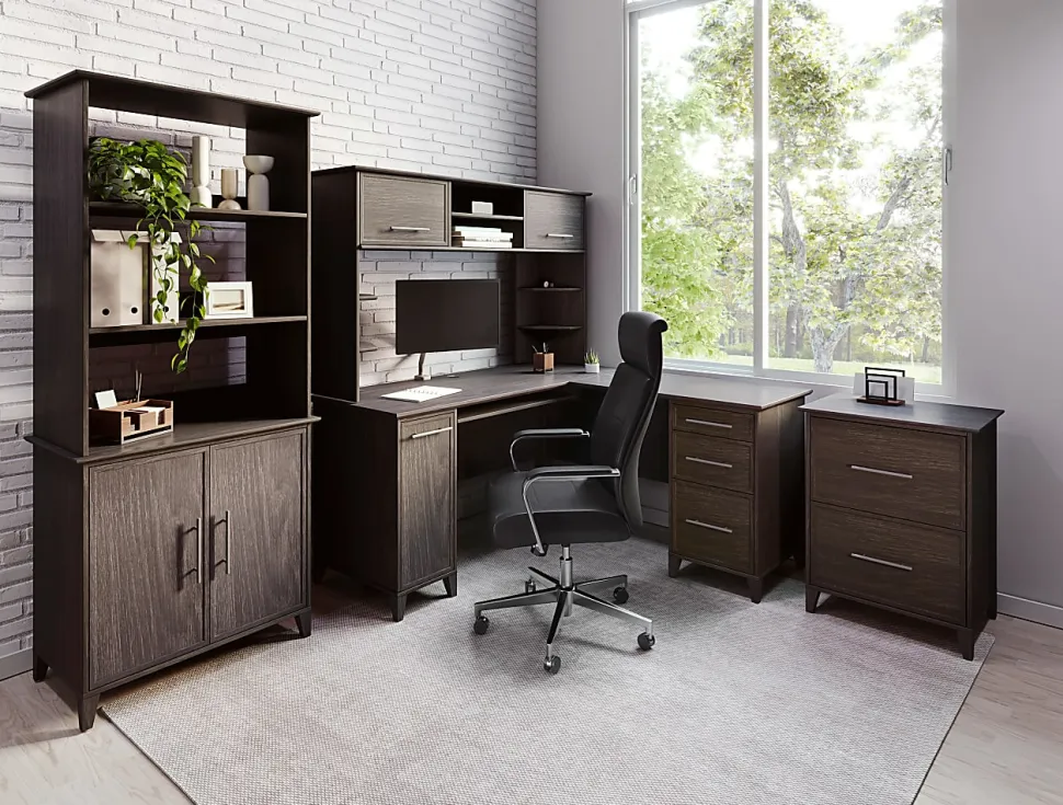 Realspace® Koru 72"H 3-Shelf Bookcase With Printer Shelf & File Storage, Espresso Oak