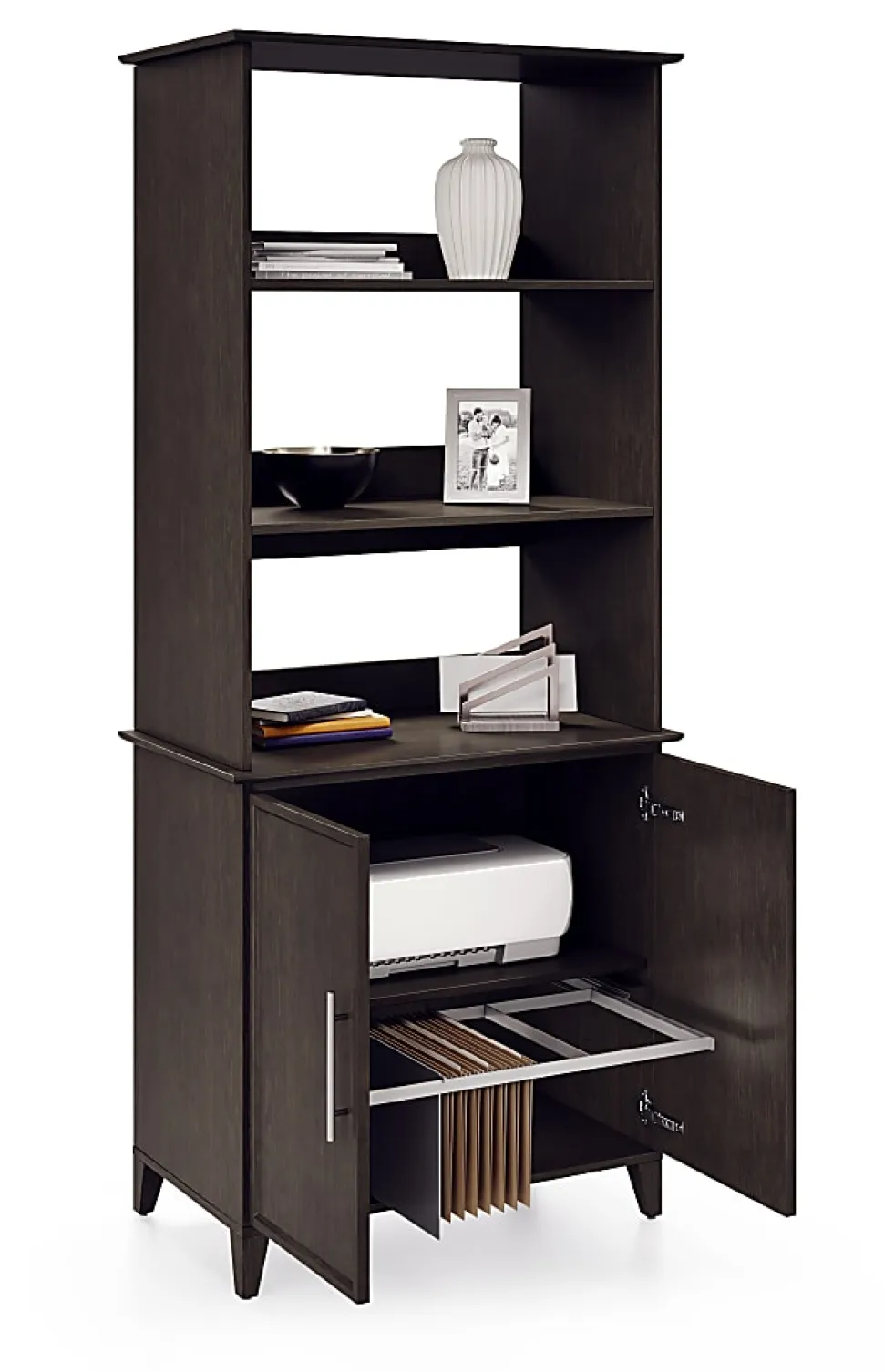 Realspace® Koru 72"H 3-Shelf Bookcase With Printer Shelf & File Storage, Espresso Oak