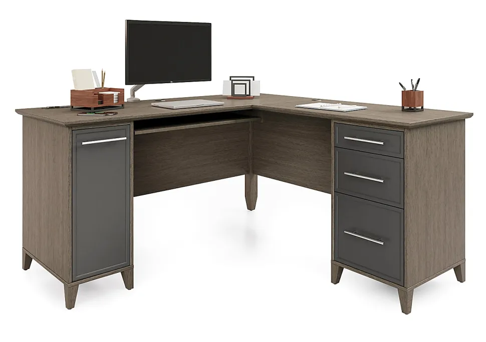 Realspace® Koru 60"W L-Shaped Corner Computer Desk With Integrated Power & Charging, Two-Tone Slate/Gray Oak, BIFMA Compliant