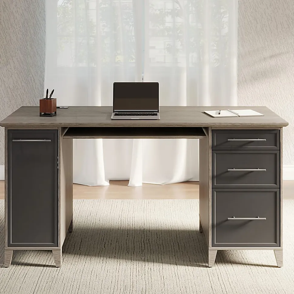 Realspace® Koru 60"W Straight Computer Desk With Integrated Power & Charging, Two-Tone Slate/Gray Oak, BIFMA Compliant