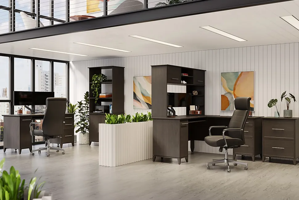 Realspace® Koru 60"W Straight Computer Desk With Integrated Power & Charging, Two-Tone Slate/Gray Oak, BIFMA Compliant