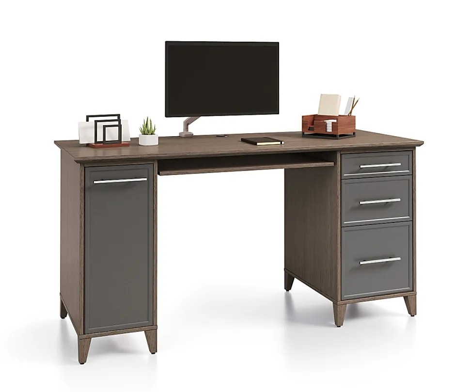 Realspace® Koru 60"W Straight Computer Desk With Integrated Power & Charging, Two-Tone Slate/Gray Oak, BIFMA Compliant