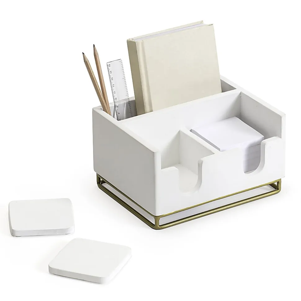 Realspace® Luna Wood/Metal Desktop Organizer With Coasters, 8-3/4" x 7", White/Gold