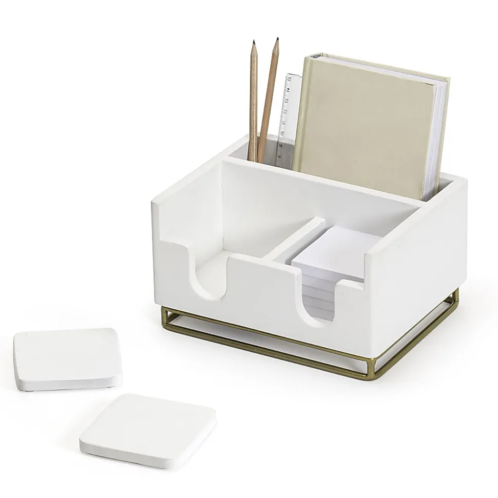 Realspace® Luna Wood/Metal Desktop Organizer With Coasters, 8-3/4" x 7", White/Gold