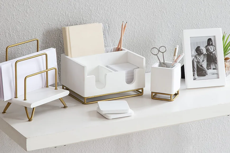 Realspace® Luna Wood/Metal Desktop Organizer With Coasters, 8-3/4" x 7", White/Gold