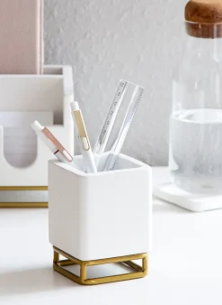 Realspace® Luna Wood/Metal Pen Cup, 4-1/4"H x 3-1/4"W x 3-1/4"D, White/Gold