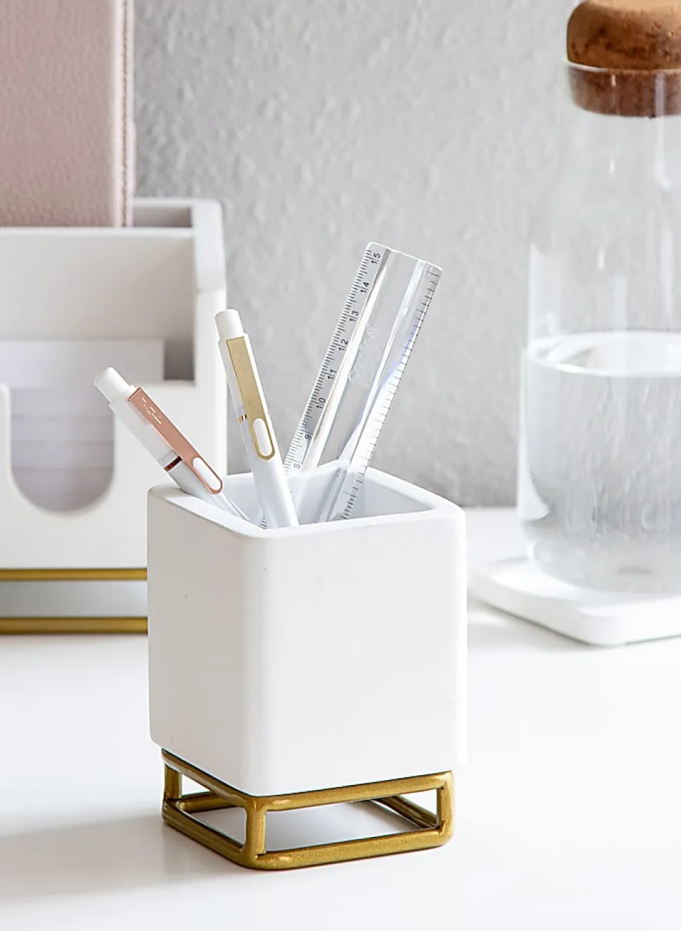 Realspace® Luna Wood/Metal Pen Cup, 4-1/4"H x 3-1/4"W x 3-1/4"D, White/Gold