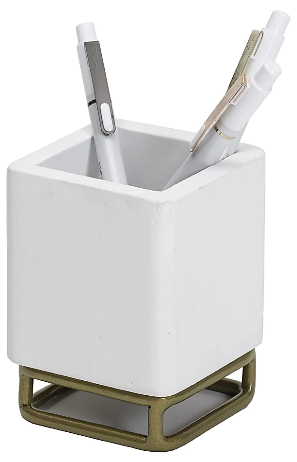 Realspace® Luna Wood/Metal Pen Cup, 4-1/4"H x 3-1/4"W x 3-1/4"D, White/Gold