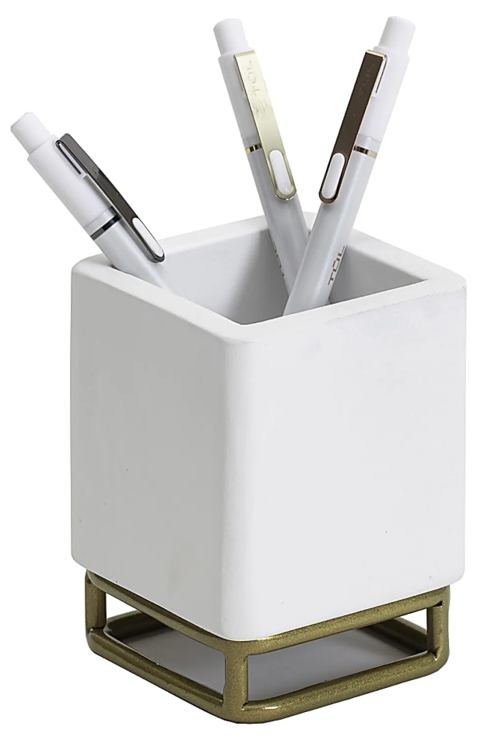 Realspace® Luna Wood/Metal Pen Cup, 4-1/4"H x 3-1/4"W x 3-1/4"D, White/Gold