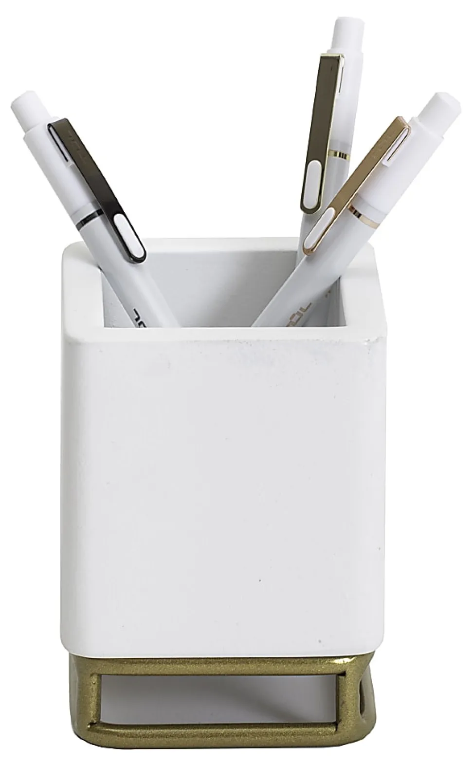 Realspace® Luna Wood/Metal Pen Cup, 4-1/4"H x 3-1/4"W x 3-1/4"D, White/Gold