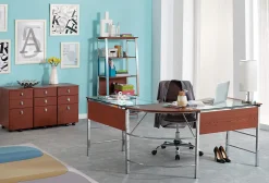 Realspace® Mezza 62"W L-Shaped Corner Desk, Cherry/Chrome