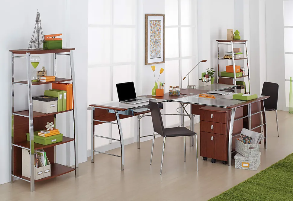 Realspace® Mezza 62"W L-Shaped Corner Desk, Cherry/Chrome