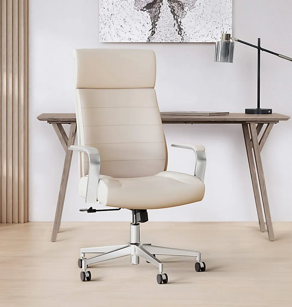 Realspace® Modern Comfort Modee Vegan Leather High-Back Executive Office Chair, Sand/Chrome, BIFMA Compliant