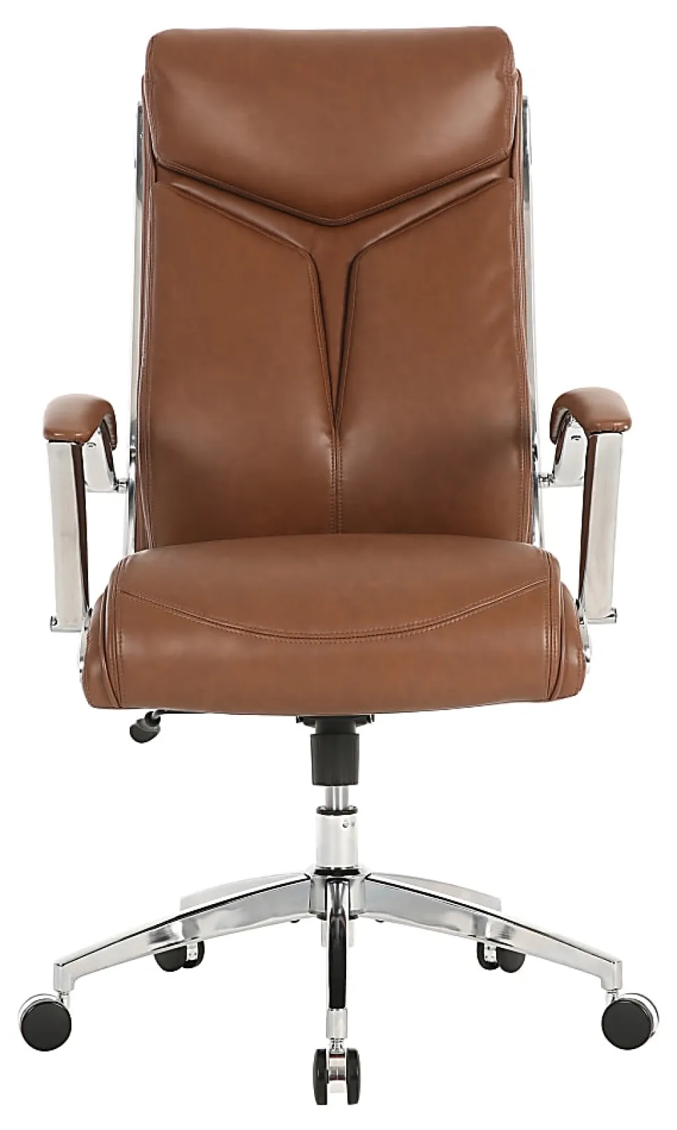 Realspace® Modern Comfort Verismo Bonded Leather High-Back Executive Office Chair, Brown/Chrome, BIFMA Compliant