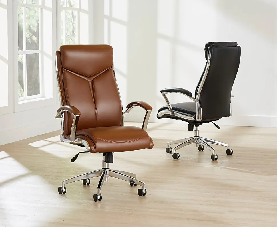 Realspace® Modern Comfort Verismo Bonded Leather High-Back Executive Office Chair, Brown/Chrome, BIFMA Compliant