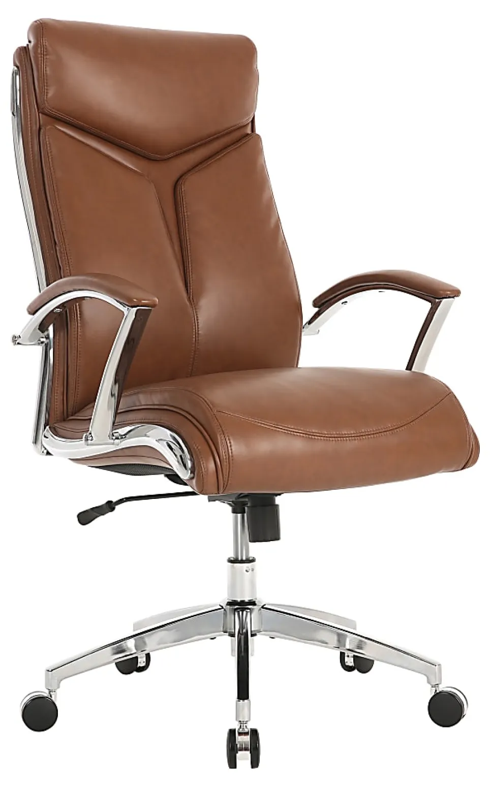 Realspace® Modern Comfort Verismo Bonded Leather High-Back Executive Office Chair, Brown/Chrome, BIFMA Compliant