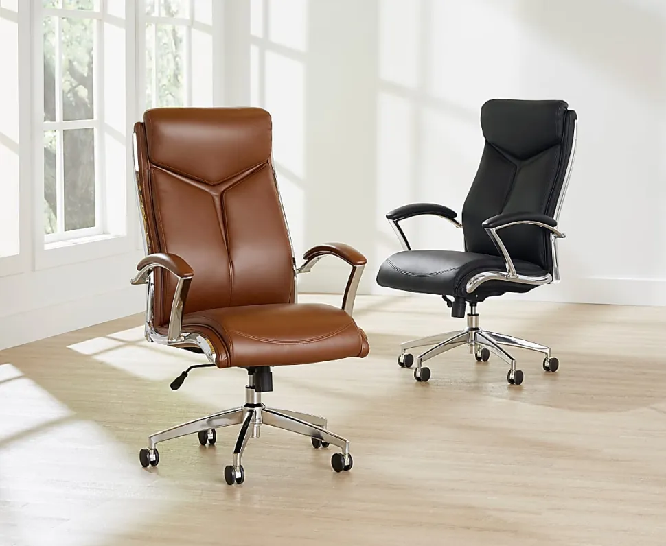 Realspace® Modern Comfort Verismo Bonded Leather High-Back Executive Office Chair, Brown/Chrome, BIFMA Compliant