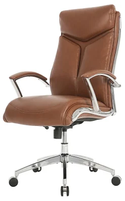 Realspace® Modern Comfort Verismo Bonded Leather High-Back Executive Office Chair, Brown/Chrome, BIFMA Compliant