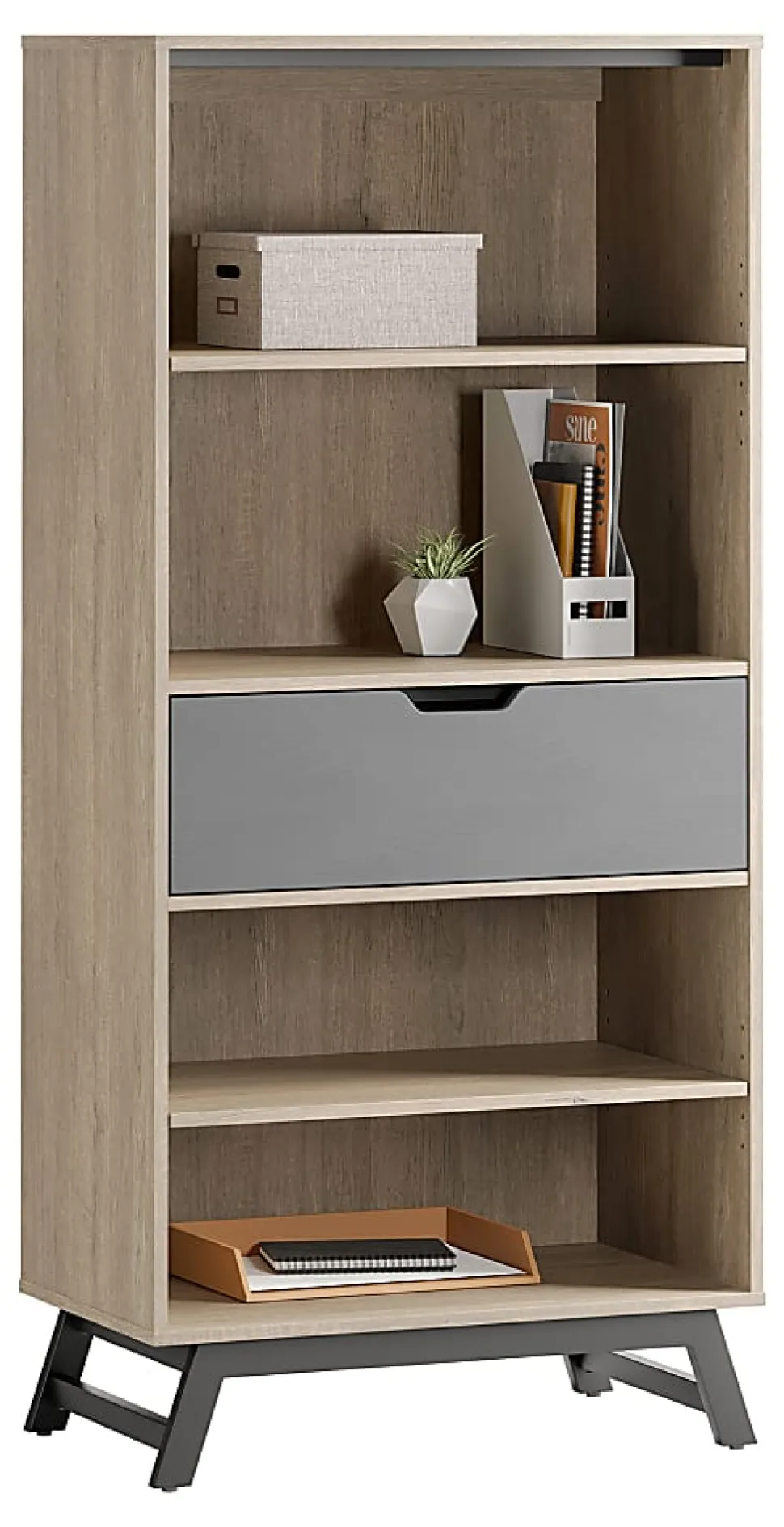 Realspace® Nashira 61"H 4-Shelf Bookcase With Drawer, Light Oak/Gray