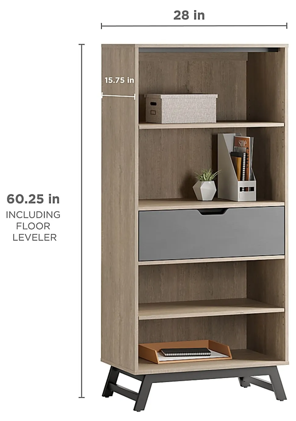 Realspace® Nashira 61"H 4-Shelf Bookcase With Drawer, Light Oak/Gray