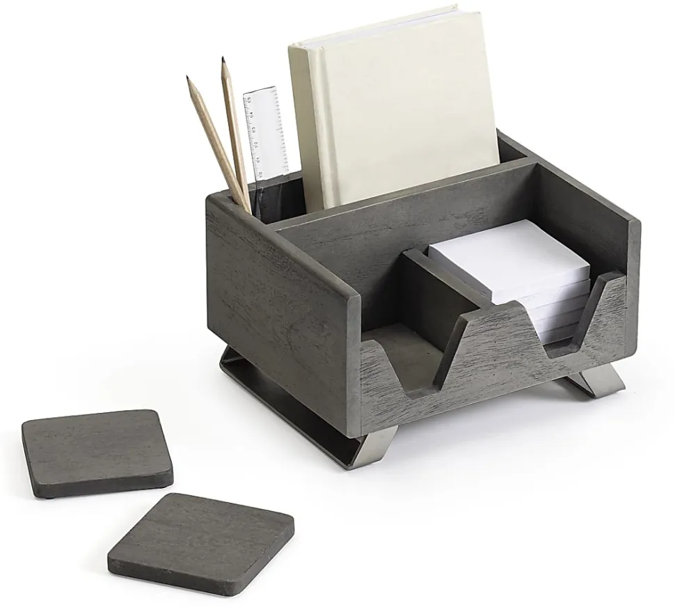 Realspace® Orix Wood/Metal Desktop Organizer With Coasters, 8-3/4" x 7", Gray/Nickel
