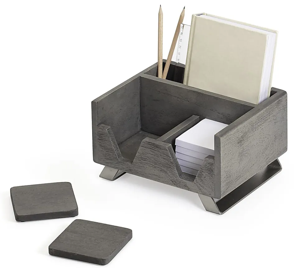 Realspace® Orix Wood/Metal Desktop Organizer With Coasters, 8-3/4" x 7", Gray/Nickel