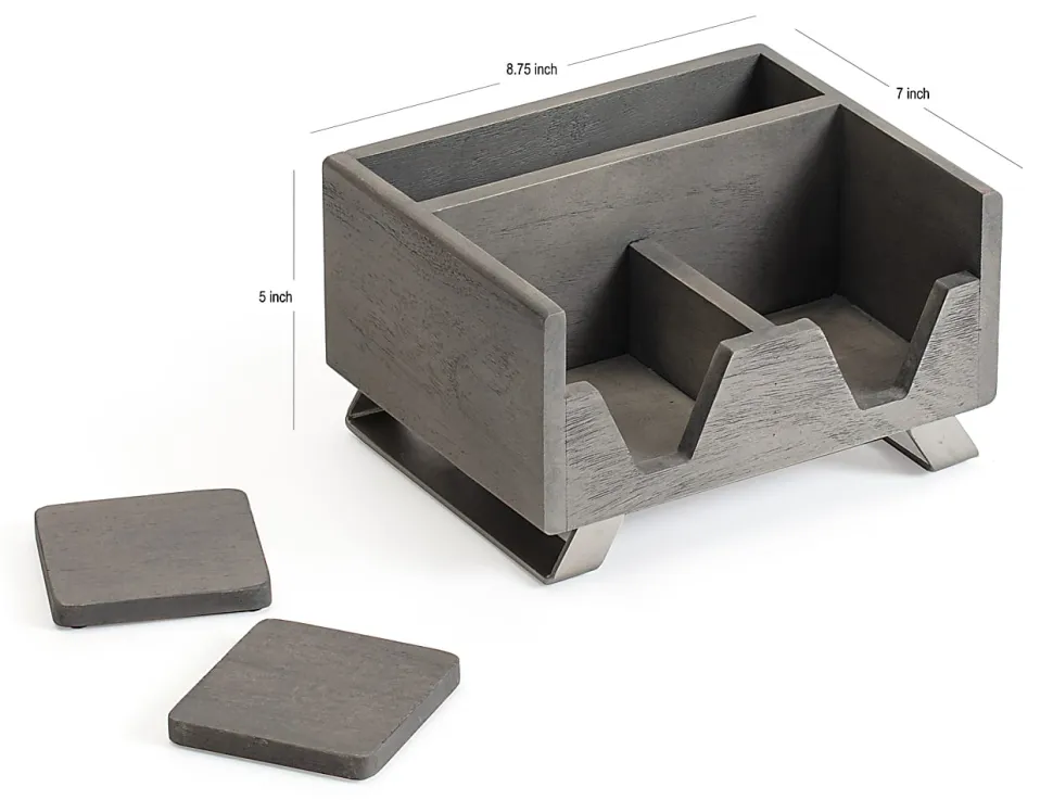 Realspace® Orix Wood/Metal Desktop Organizer With Coasters, 8-3/4" x 7", Gray/Nickel