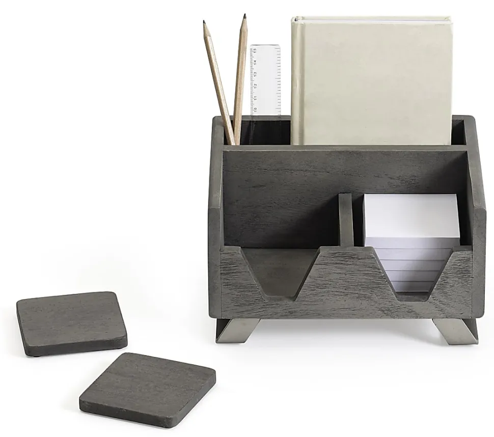 Realspace® Orix Wood/Metal Desktop Organizer With Coasters, 8-3/4" x 7", Gray/Nickel